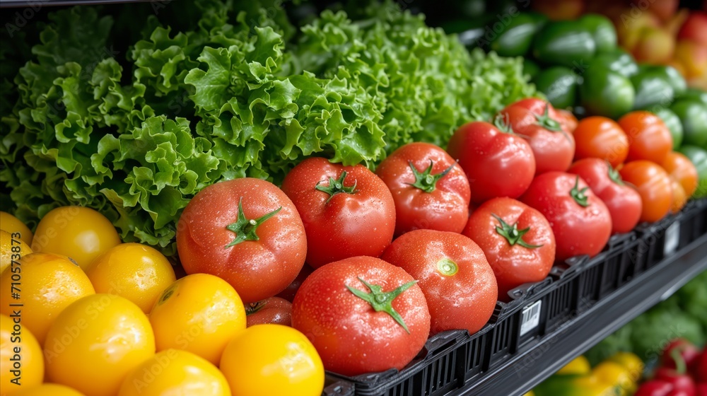 Fresh vegetables display at market stall with variety of organic produce Fresh vegetables display at market stall with variety of organic produce