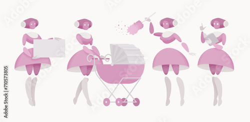 Embodied AI, abstract nanny figure with pram, book, baby monitoring caregiver device serving home, health, education helper, robotic childcare technology, household task assistant vector illustration