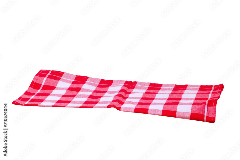 Red and white checkered napkin or tablecloth texture isolated on white background. Clipping path. Backdrop for your product placement or montage. Kitchen accessories. Red and white checkered napkin or tablecloth texture isolated on white background. Clipping path. Backdrop for your product placement or montage. Kitchen accessories.