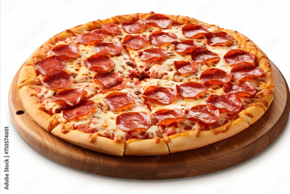 Delicious pepperoni pizza with traditional toppings, isolated on a clean white background