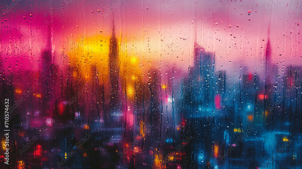 Paint splatters and streaks forming an abstract urban skyline.