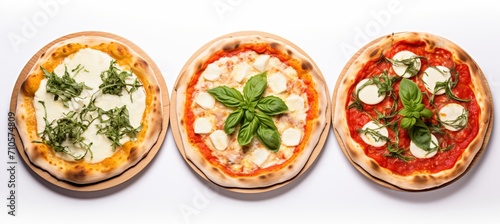 Delicious italian pizza trio with fresh mozzarella cheese toppings, isolated on white background