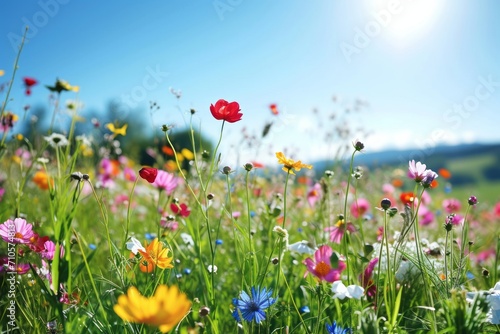 Flower meadow in spring blue sky. Generative AI © STOCK AI