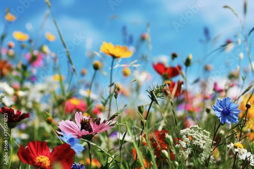 Flower meadow in spring blue sky. Generative AI