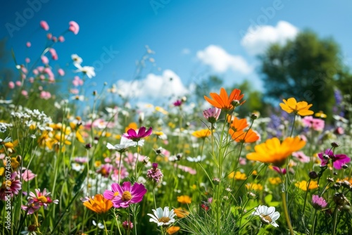 Flower meadow in spring blue sky. Generative AI © Zero Zero One