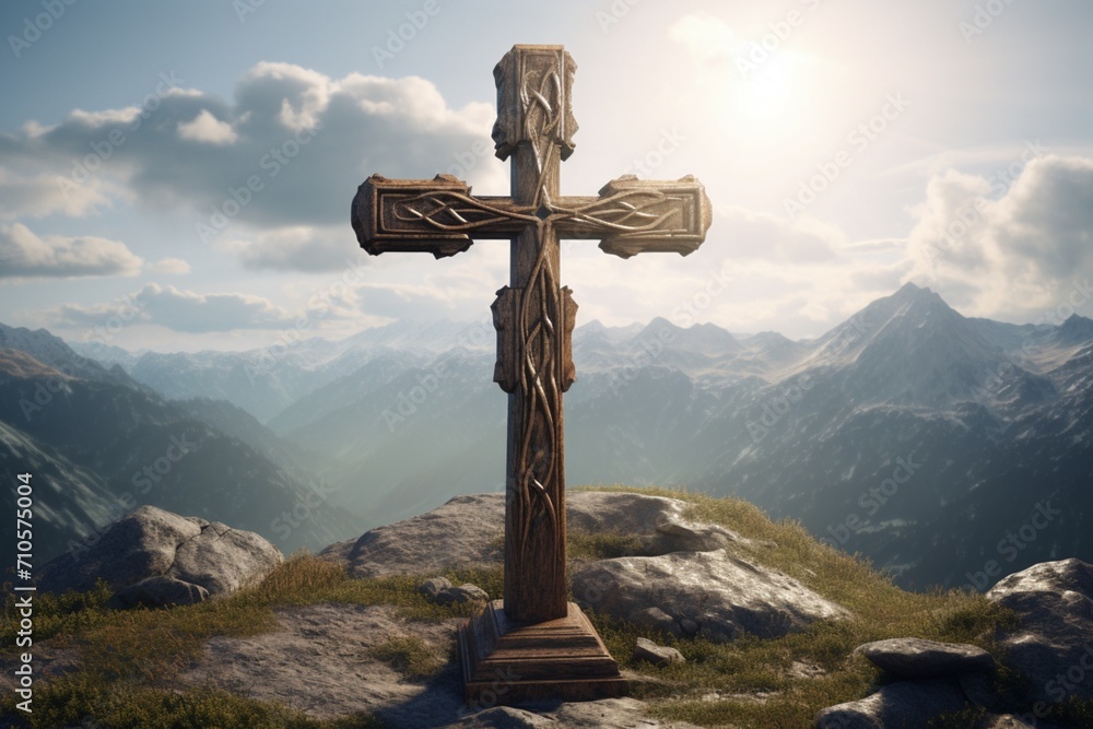 A wooden religious cross is showcased in this particular view - obrazy, fototapety, plakaty 
