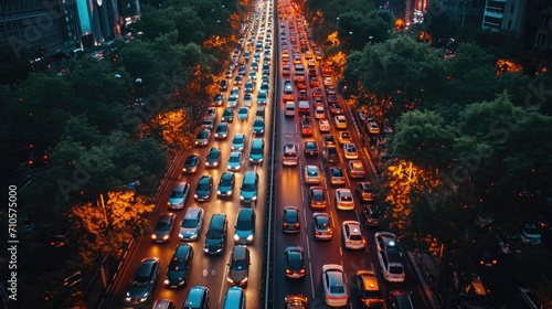 Drone Shot of a Crowded Urban Electric Car Rally, capturing the energy and color of sustainable transportation at dawn. Traffic jam. © Татьяна Креминская