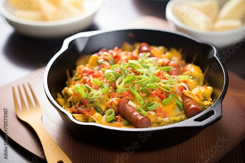 cheesy hot dog with chili in a skillet
