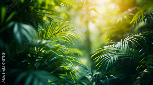 Lush green palm leaves illuminated by soft, warm sunlight, creating a serene and tranquil atmosphere. The background is softly blurred, drawing focus to the detailed foliage in the foreground. 