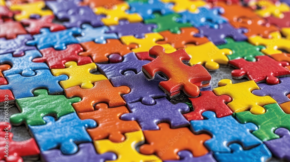 Colorful jigsaw puzzle pieces interlocking with one standing out Colorful jigsaw puzzle pieces interlocking with one standing out