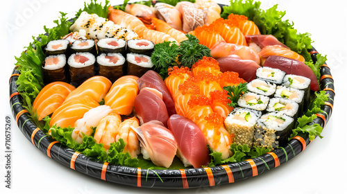 A Gourmet Sushi Platter featuring fresh sashimi, nigiri, and rolls adorned with roe and sesame seeds, surrounded by crisp green lettuce that frame the dish beautifully. 