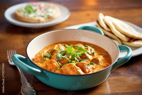 bowl of butter chicken with naan bread