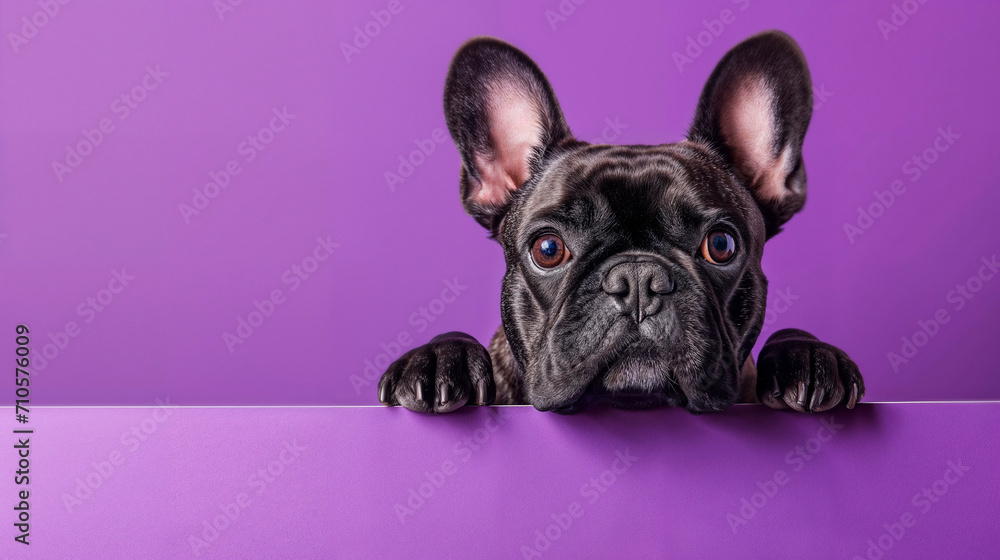 Adorable French bulldog peeking over a purple surface with attentive eyes.