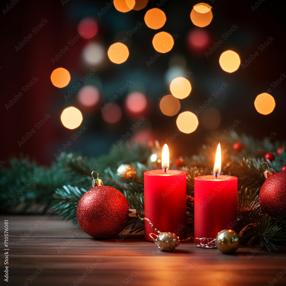Lit red candles with decorated Christmas tree on background with copy space created with Generative Ai