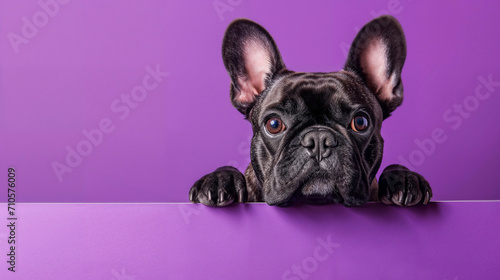 Adorable French bulldog peeking over a purple surface with attentive eyes. © PhotoGranary