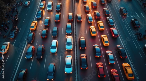 Drone Shot of a Crowded Urban Electric Car Rally, capturing the energy and color of sustainable transportation at dawn. Traffic jam. © Татьяна Креминская