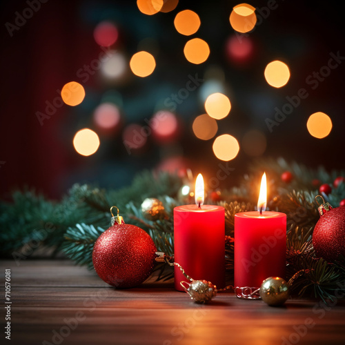 Lit red candles with decorated Christmas tree on background with copy space created with Generative Ai