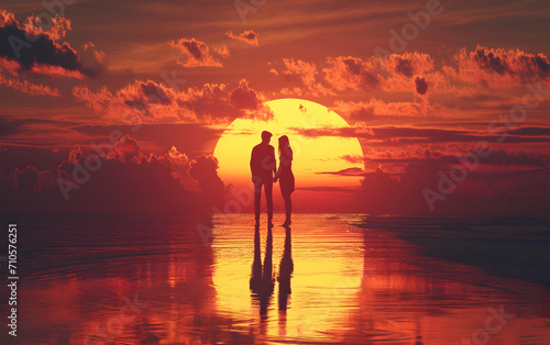 Couple Standing on the Beach During a Beautiful Sunset © Prangthip