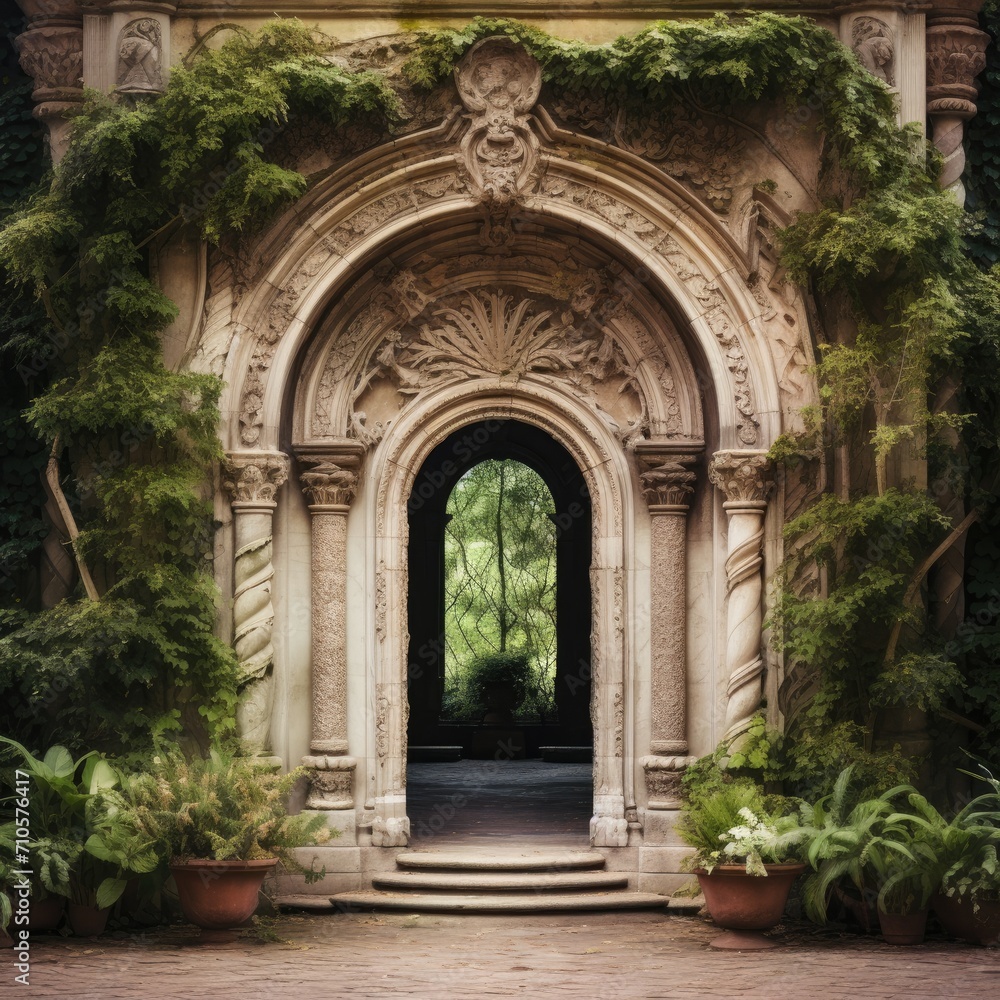 Entrance to an old building with a stone arch in the garden