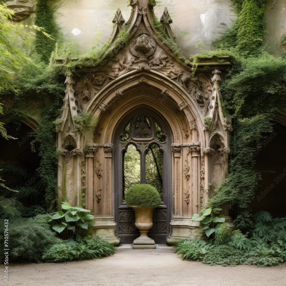 Entrance to the garden with a vase in front of it Entrance to the garden with a vase in front of it