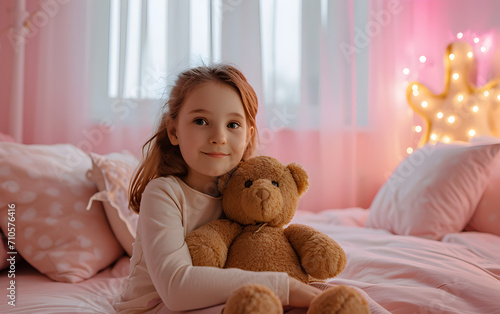 Young Girl Holding a Teddy Bear in Bedroom