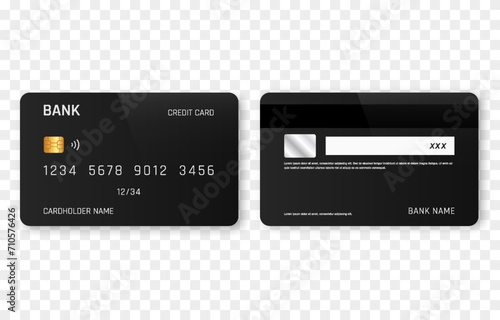 Vector credit card mockup png. Bank black card on both sides. Plastic card png.