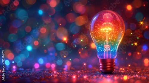 Illuminated light bulb with glittering colored bokeh background