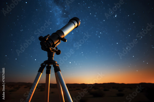 Telescope on tripod against starry night sky in the desert