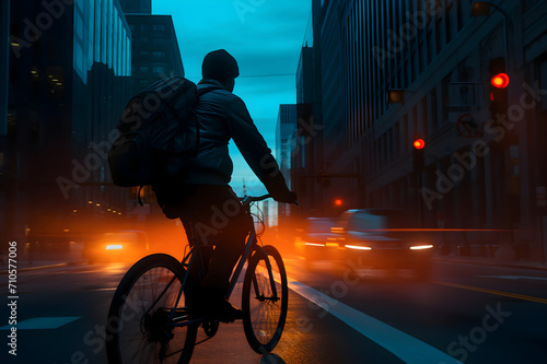 Cyclist in the city at night. Silhouette of a man riding a bicycle. © gographic
