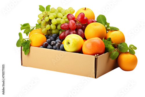 cardboard box with fruits on white background PNG