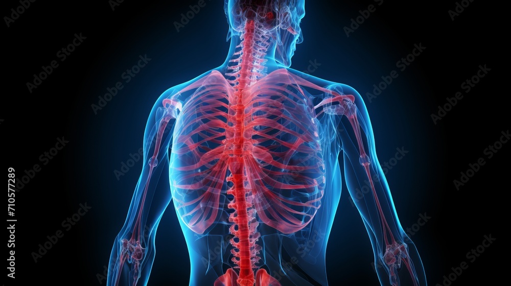 Detailed male anatomy illustration   inflamed lumbar spine with inflammation and affected vertebrae - obrazy, fototapety, plakaty 