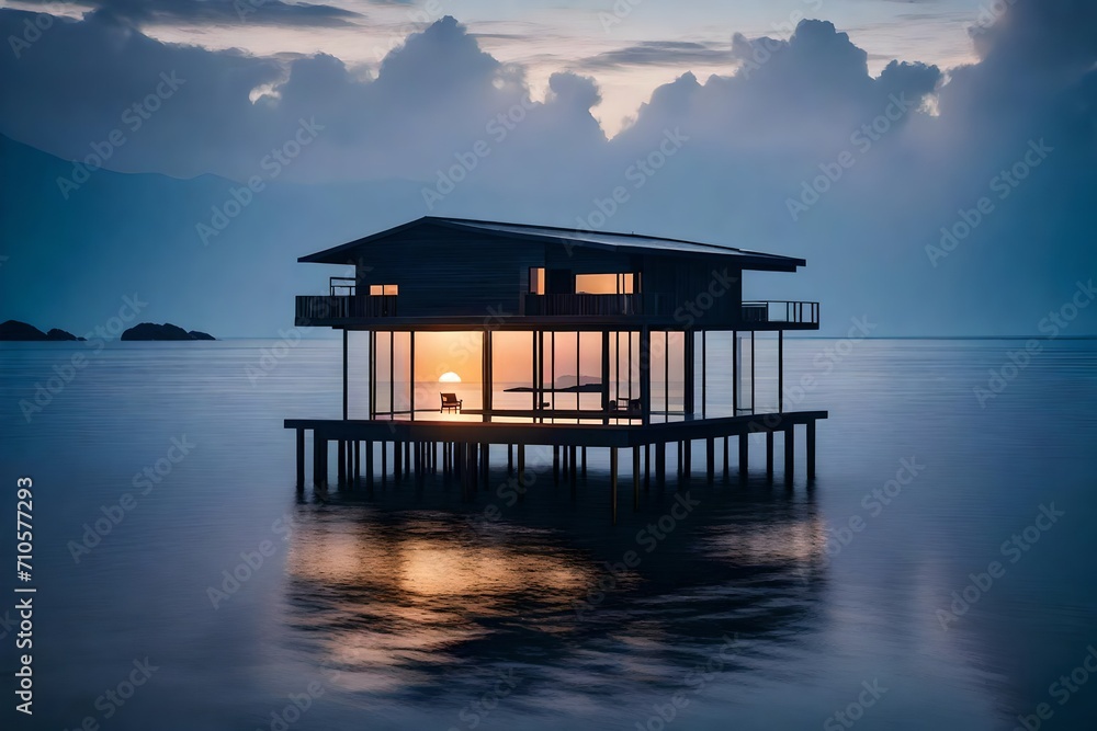 As dawn breaks, capturing the first light of the day, the stilted bungalow stands serene, mirrored perfectly in the glassy ocean below, painting a tranquil picture of solitude. As dawn breaks, capturing the first light of the day, the stilted bungalow stands serene, mirrored perfectly in the glassy ocean below, painting a tranquil picture of solitude.