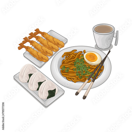 Illustration of fried noodles with shrimp tempura 