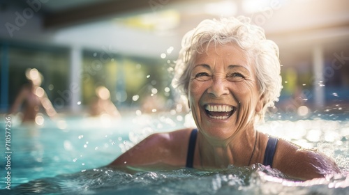 Elderly women find joy in aqua gym, staying active and healthy. © DigitalGenetics