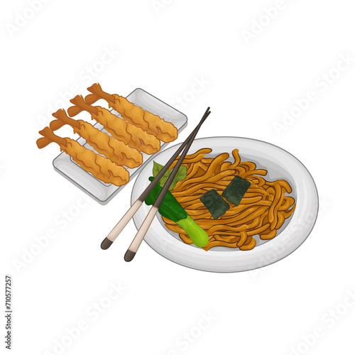 Illustration of fried noodles with shrimp tempura 