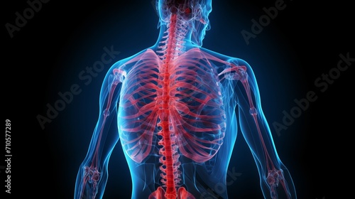 Detailed male anatomy illustration   inflamed lumbar spine with inflammation and affected vertebrae photo