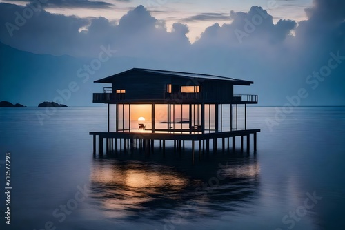 As dawn breaks, capturing the first light of the day, the stilted bungalow stands serene, mirrored perfectly in the glassy ocean below, painting a tranquil picture of solitude.