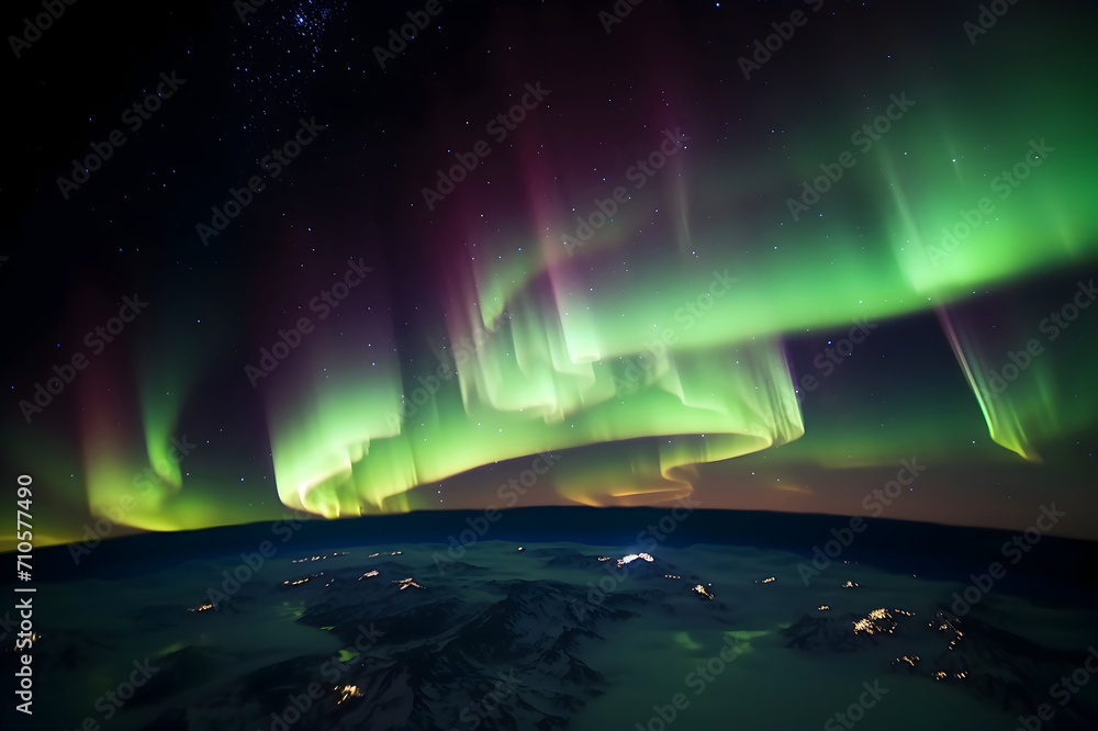 Aurora borealis in the night sky over the planet earth