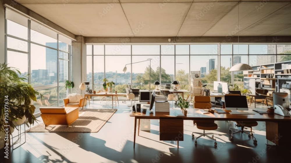 Modern office interior with large windows, panoramic city view.