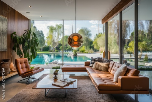 Luxury living room with swimming pool and orange sofa. Nobody inside