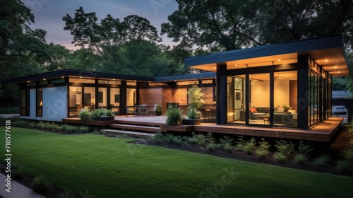 3d rendering of modern cozy house with parking and pool for sale or rent with wood plank facade. © Miguel
