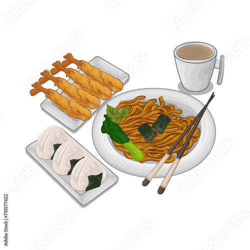 Illustration of fried noodles with shrimp tempura 