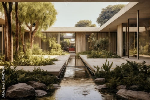 Luxury modern house in the garden with swimming pool and garden.