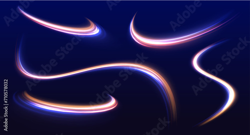 Big set of neon speeds in the form of a road of different light colors. Rotating dynamic neon circle. Colored shiny sparks of spiral wave. Expressway, the effect of car headlights. 