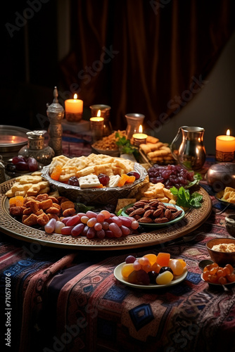 An array of traditional Iftar dishes laid out beautifully on a patterned tablecloth  including dates  samosas  fresh fruits  and traditional sweets created with Generative Ai