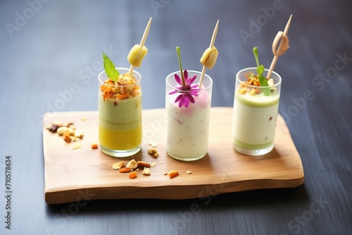 kulfi trio on wooden board, garnished with nuts
