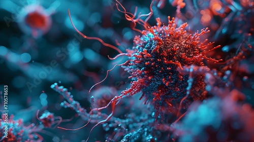 Detailed Macro Shot of Red and Blue Virus Particles with Long Tentacles in a Biological Environment photo