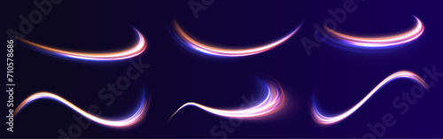 Abstract energy in the form of stripe, arc, curl and zigzag in neon colors with light effect. и Acceleration speed motion on night road. Bright sparkling background. 