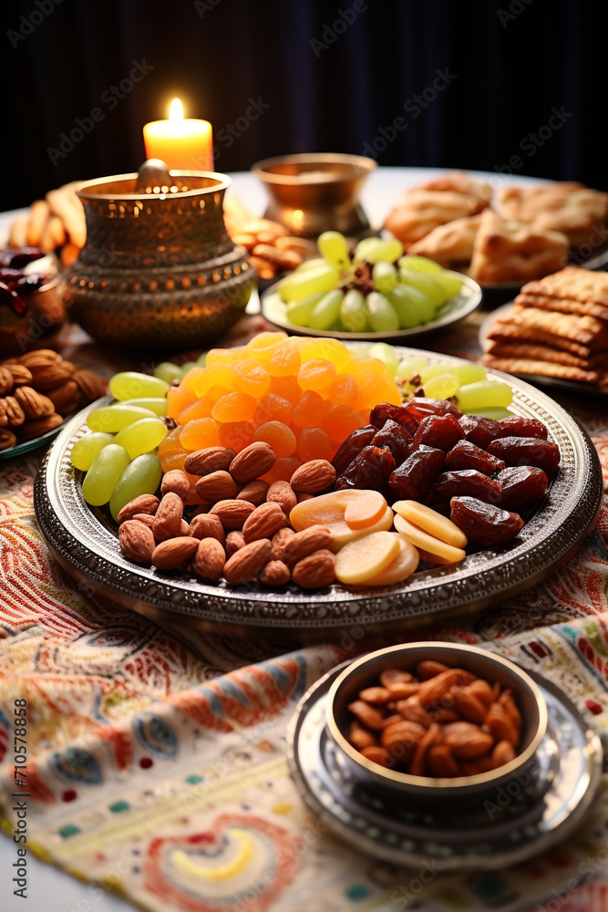 An array of traditional Iftar dishes laid out beautifully on a patterned tablecloth, including dates, samosas, fresh fruits, and traditional sweets created with Generative Ai An array of traditional Iftar dishes laid out beautifully on a patterned tablecloth, including dates, samosas, fresh fruits, and traditional sweets created with Generative Ai