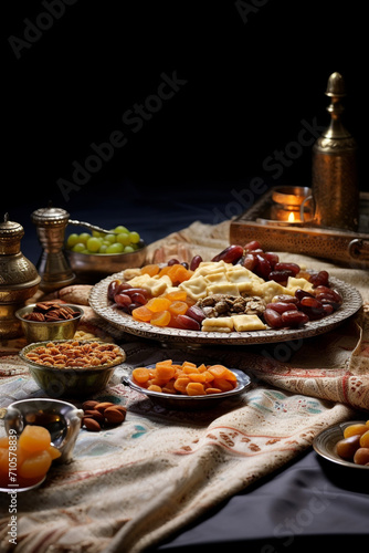 An array of traditional Iftar dishes laid out beautifully on a patterned tablecloth, including dates, samosas, fresh fruits, and traditional sweets created with Generative Ai